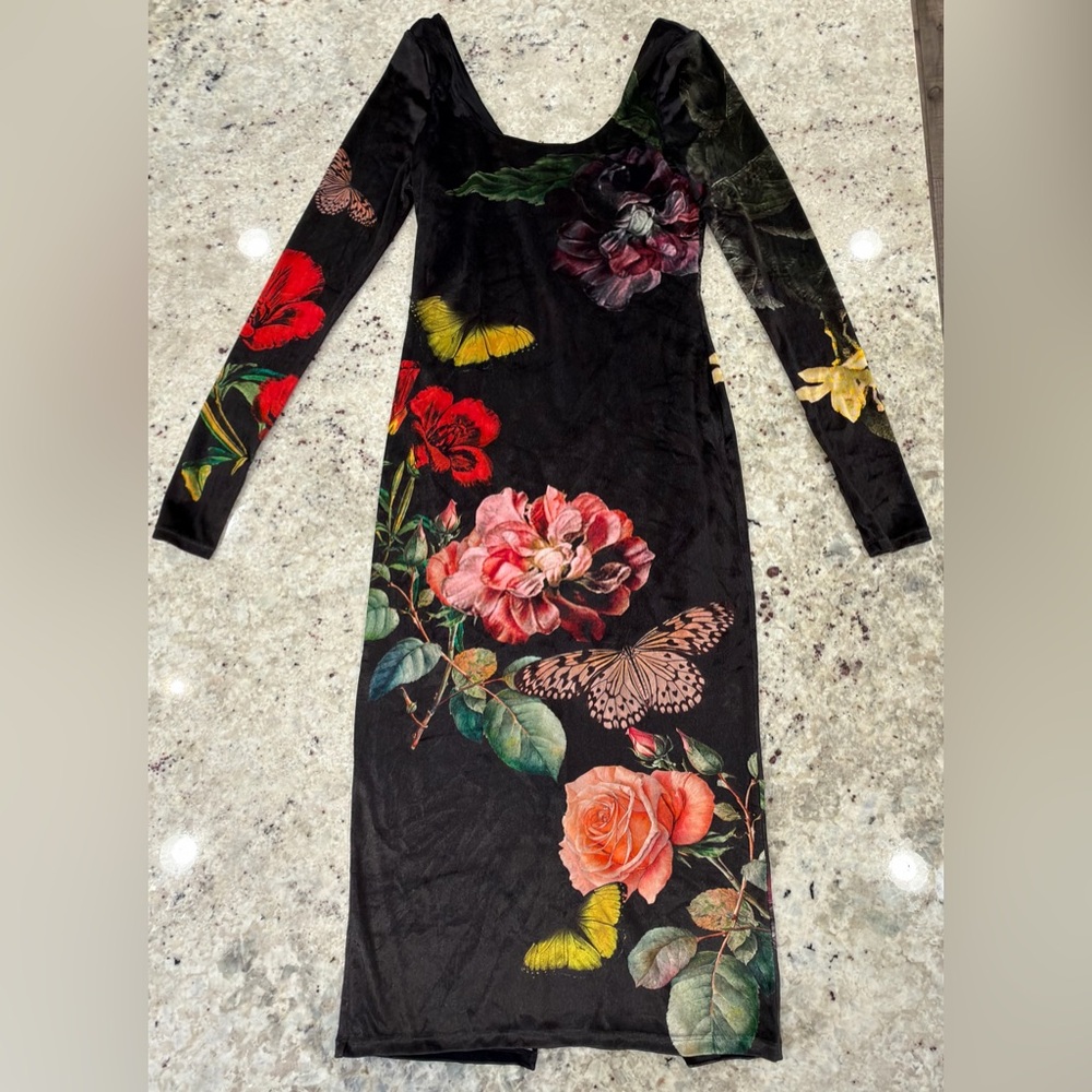Alice + Olivia Floral Butterfly Velvet Midi Dress, Size 6